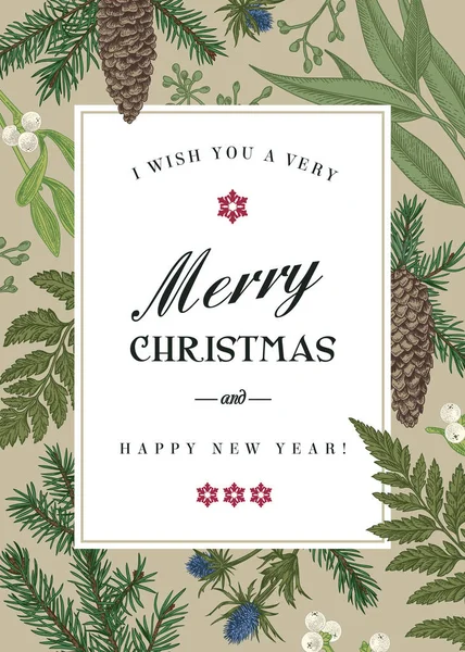 ビンテージ スタイルのクリスマス カードに挨拶 冬の背景 モミの枝 ヤドリギ ユーカリ シダとベクトルのフレーム 植物のイラスト クラフト — ストックベクタ