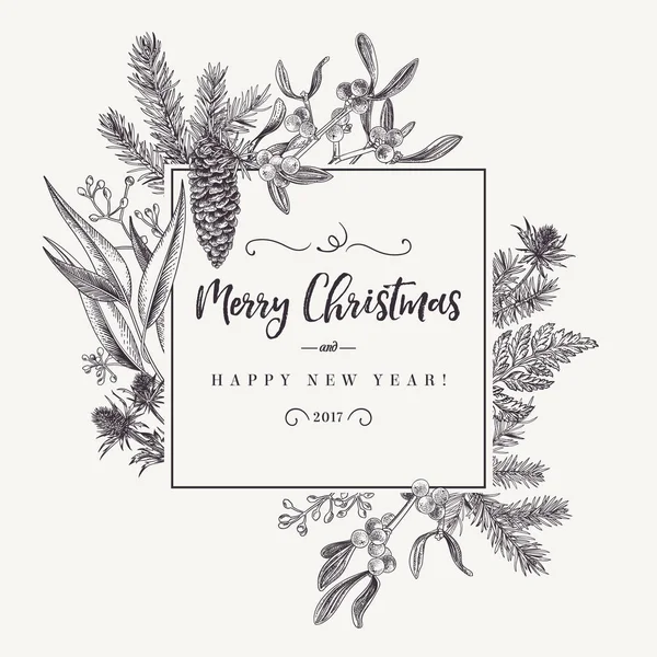 Cadre Vacances Noël Avec Branches Pin Gui Fougère Noir Blanc — Image vectorielle