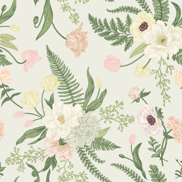 Seamless floral pattern with bouquets of spring flowers. Vintage background. Peony, ferns, tulips, anemones, chrysanthemum eucalyptus seeds. Pastel colors.