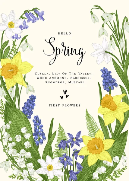 Blumenkranz Mit Frühlingsblumen Vektor Vintage Botanische Illustration Narzisse Maiglöckchen Anemone — Stockvektor
