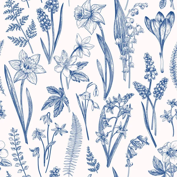 Vintage Motif Floral Sans Couture Fleurs Herbes Printanières Illustration Vectorielle — Image vectorielle