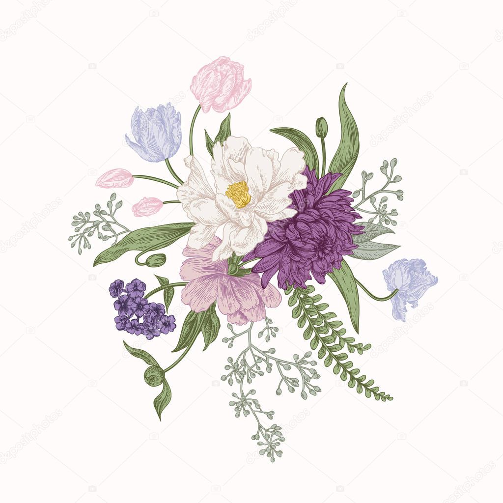 Bouquet in vintage style. Composition of colorful flowers. Design element. Botanical illustration. 