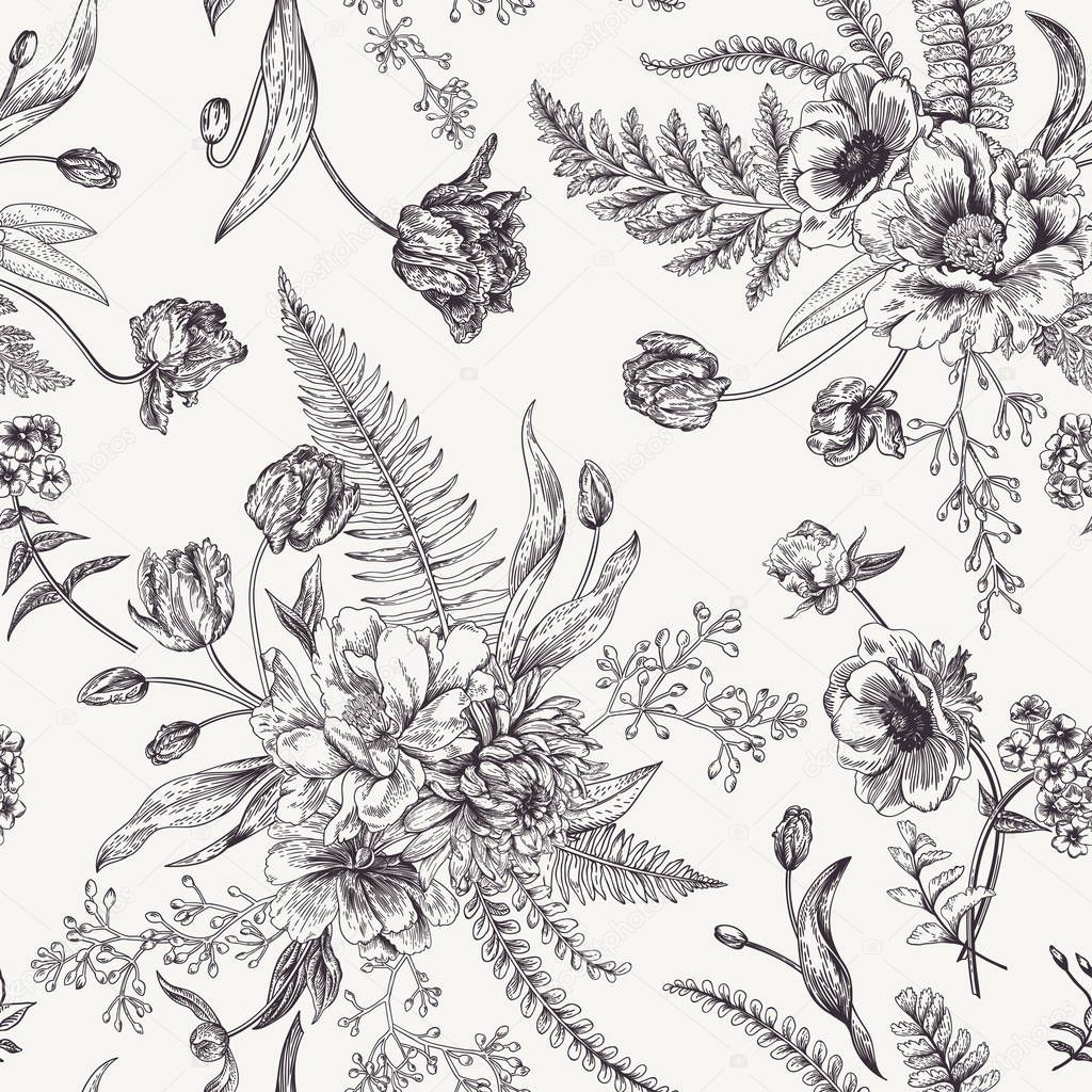 Seamless floral pattern with bouquets of spring flowers. Black and white vector illustration. Vintage background. Engraving. Peony, ferns, tulips, anemones, eucalyptus seeds.