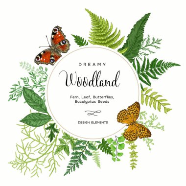 Yaz vintage kartı. Yaprakları eğreltiotu ve kelebekler. Yuvarlak kare. Botanik illüstrasyon. Renkli.