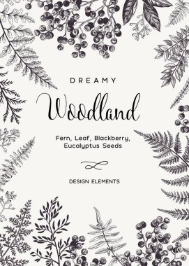 Vintage kartı eğreltiotu yaprakları ve siyah meyveleri ile. Düğün davetiyesi. Gravür tarzı. Botanik illüstrasyon. Tasarım öğeleri. Vektör. Siyah ve beyaz.