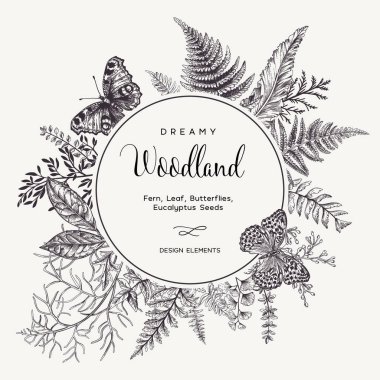 Yuvarlak vektör çerçeve yaprakları, çeşitli eğrelti otları ve iki kelebek. Botanik illüstrasyon. Siyah ve beyaz.