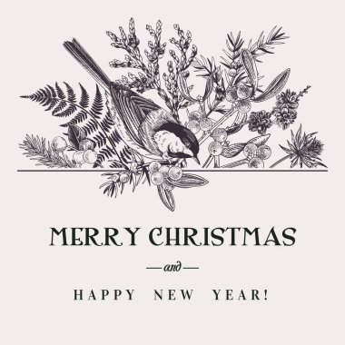 Kuş ile vektör çiçek kompozisyon. Kış buketi. Noel kartı. Siyah ve beyaz. Tuja, Ladin, fern, karaçam ve meme ile botanik illüstrasyon.