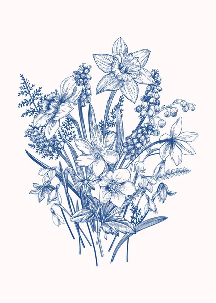 Bouquet Early Spring Flowers Botanical Illustration Engraving Style Vector Blue — Stock Vector