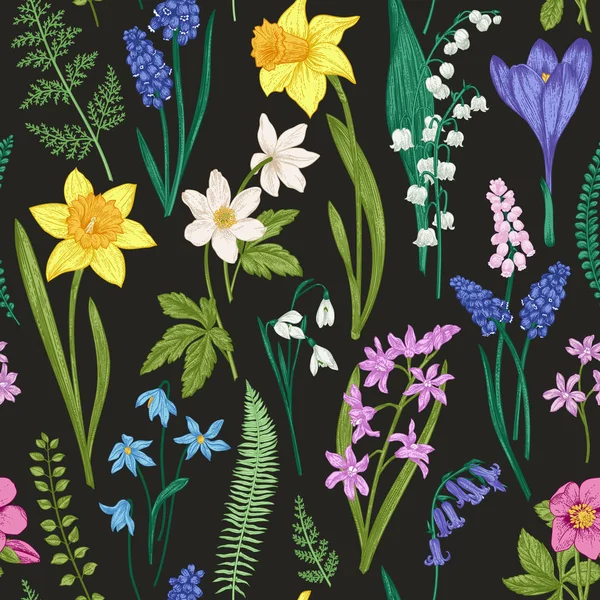 Vintage Naadloze Bloemmotief Een Zwarte Achtergrond Lente Bloemen Kruid Botanische — Stockvector