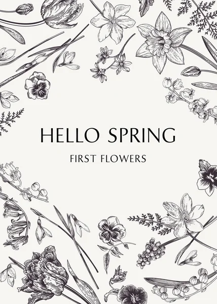 Botanical Card Spring Flowers Vector Illustration Engraving Black White — Stock Vector