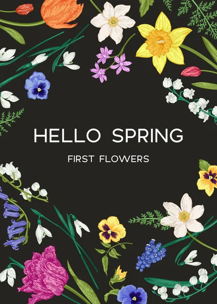 Vintage Card First Spring Flowers Black Background Botanical Illustration Vector — Stock Vector