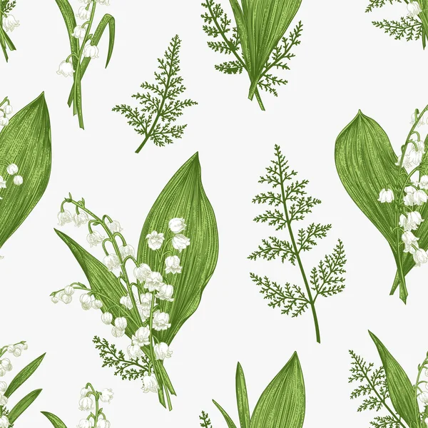 春のシームレスなパターンとユリの谷の花 — ストックベクタ
