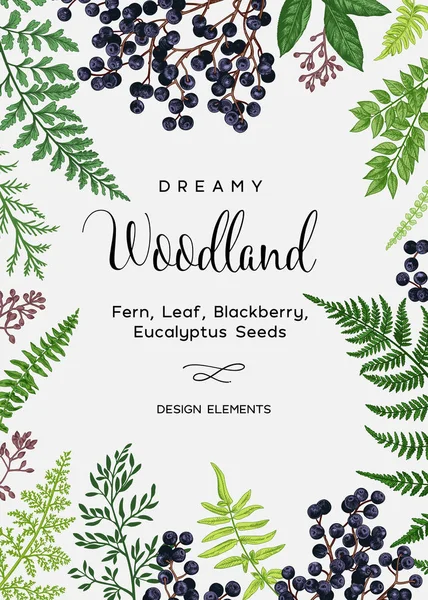 Vector Card Fern Leaves Black Berries Wedding Invitation Botanical Illustration — Stock Vector