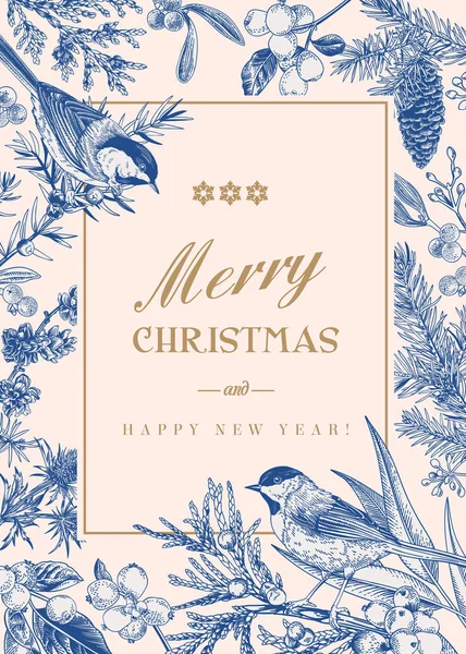 Cartão Natal Com Dois Pássaros Plantas Bagas Inverno Natal Fundo —  Vetores de Stock