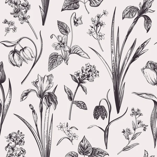 Seamless Floral Pattern Vintage Style Botanical Vector Illustration Black White — Stock Vector