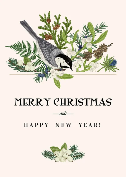 Kartu Ucapan Natal Dengan Burung Dan Tanaman Musim Dingin Fern Stok Vektor
