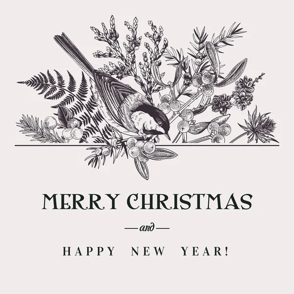 Komposisi Vektor Bunga Dengan Burung Buket Musim Dingin Kartu Natal Stok Ilustrasi Bebas Royalti