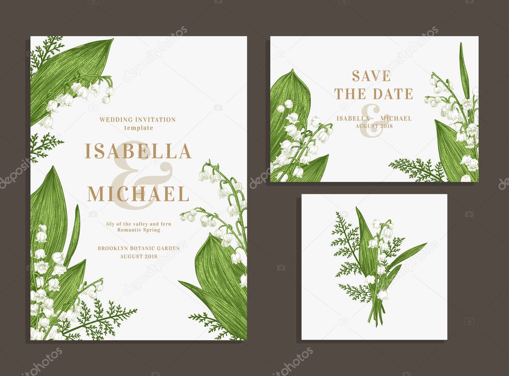 Vintage wedding set with spring flowers. Lilies of the valley and fern. Wedding invitation, save the date, reception card. Vector illustration. 