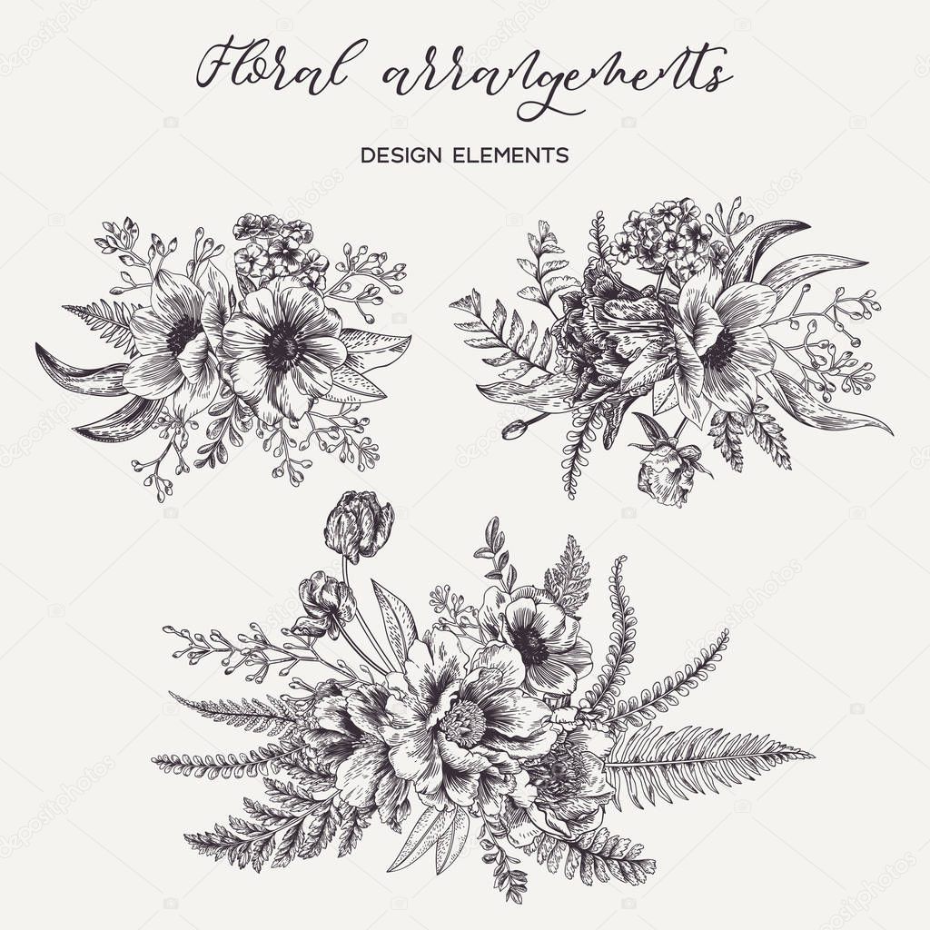 Flower arrangement with peonies, anemones, tulips, leaves of the fern and eucalyptus seeds. Spring and summer bouquet. Vector design elements.Black and white. Engraving.