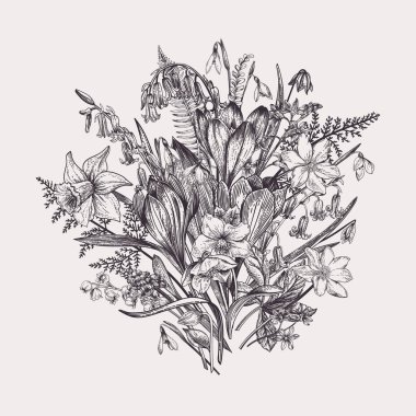 Romantik bahar çiçekleri. Çayır ve bahçe bitkileri. Eski gravür stili. Vektör botanik çizimi. Siyah ve beyaz.