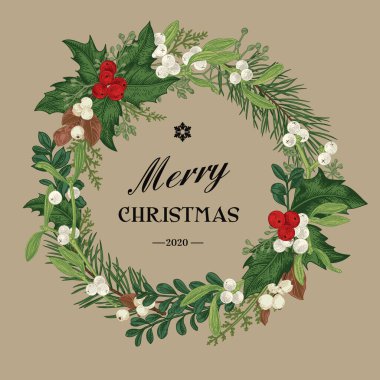 Kırmızı ve beyaz böğürtlenli Noel çelengi. Vektör botanik çizimi. Kış bitkileriyle donatılmış yuvarlak çerçeve.