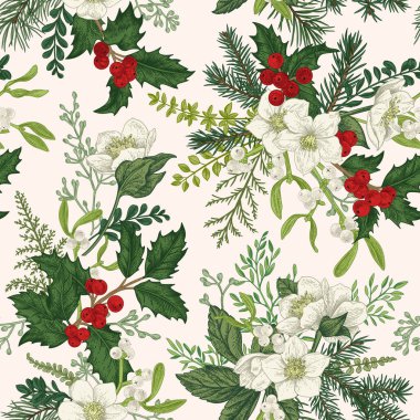 Kış çiçekleriyle kusursuz bir Noel deseni. Vektör botanik çizimi. Renkli.
