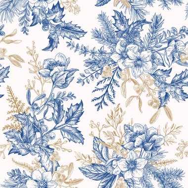 Karayel çiçekleri, eğrelti otları, kozalaklı ağaçlar, okaliptüs tohumları olan kışın pürüzsüz deseni. Eski bir Noel geçmişi. Botanik illüstrasyon. Mavi ve altın.