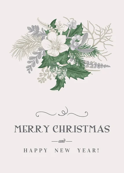 Delicate Invitation Winter Holidays Vector Illustration Bouquet Holly Mistletoe Pine — Stock Vector