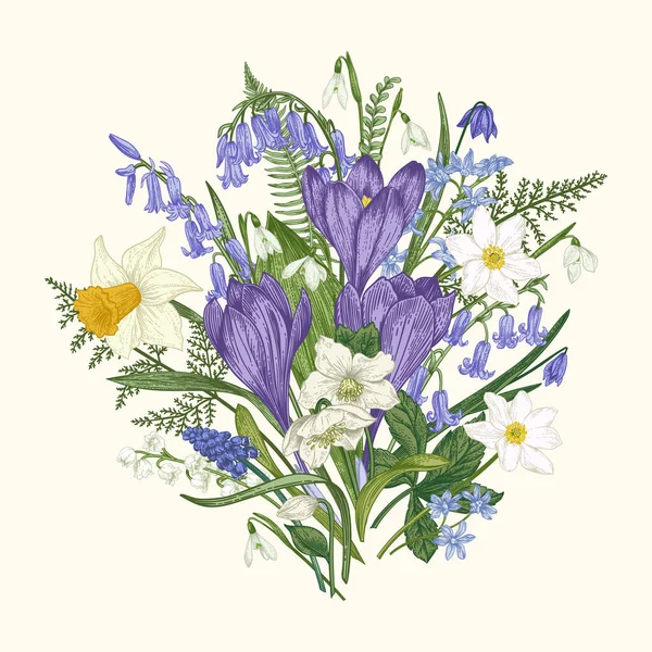 Frühlingsstrauß Wildblumen Und Gartenblumen Botanische Klassische Illustration Designelemente Isoliert Auf — Stockvektor