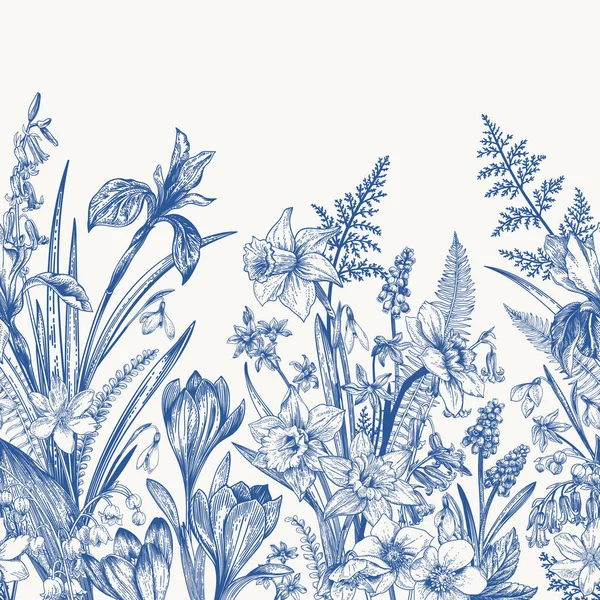 Bordure Sans Couture Avec Des Fleurs Printemps Illustration Botanique Bloe — Image vectorielle