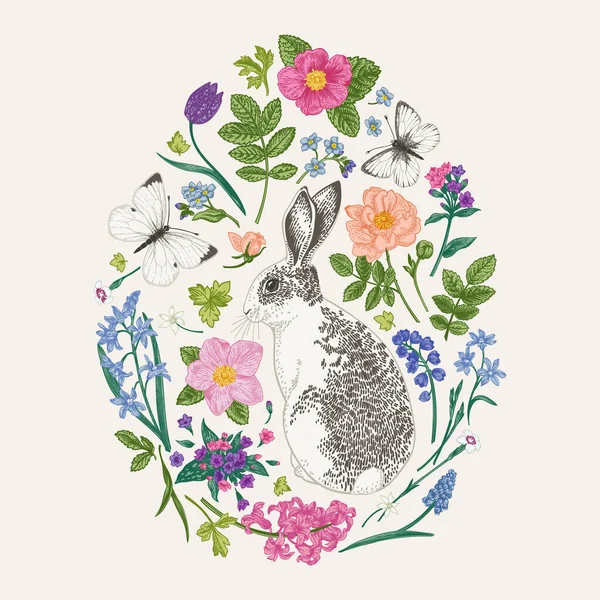 Composición Floral Con Conejo Mariposas Forma Huevo — Archivo Imágenes Vectoriales