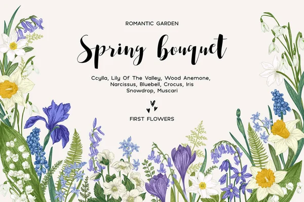 Wiosenny Bukiet Vintage Karta Wektorowa Kwiatami Ogrodowymi Ilustracja Botaniczna Tło — Wektor stockowy