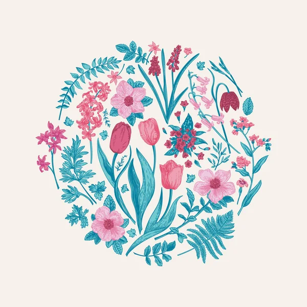 Rund Blomsterkomposition Med Vårblommor Botanisk Illustration Blå Och Rosa Växter — Stock vektor