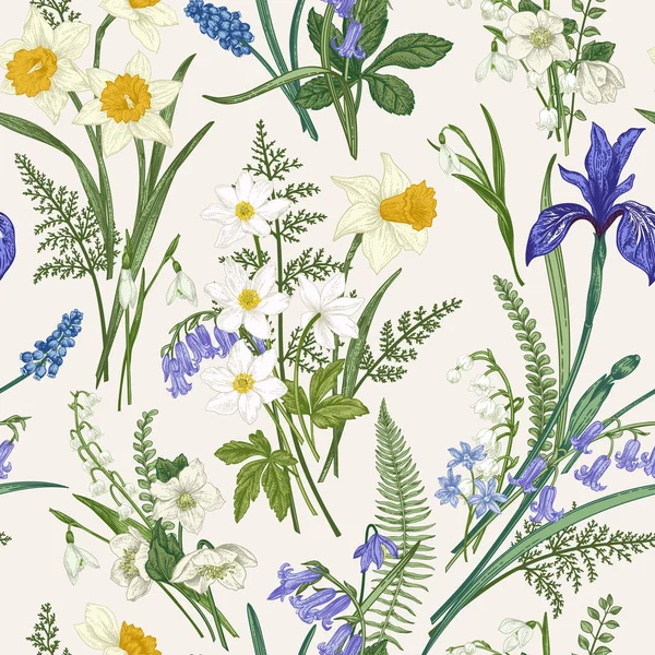 ベクトルヴィンテージシームレスフラワーパターン 牧草地や庭の春の花と植物イラスト カラフルだ — ストックベクタ