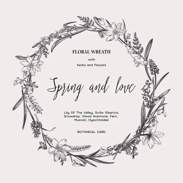 Grinalda Floral Convite Casamento Flores Primavera Ilustração Botânica Anemone Muscari —  Vetores de Stock