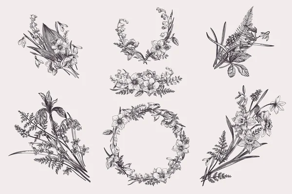 Set Avec Des Éléments Design Floral Bouquet Fleurs Arrangement Couronne — Image vectorielle