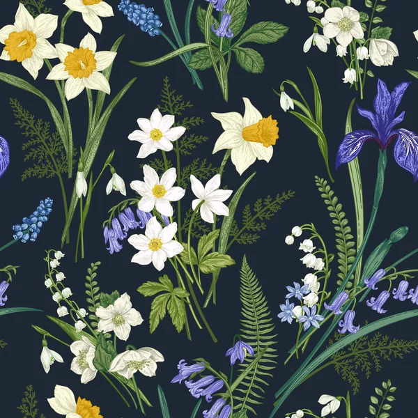 Квітковий Безшовний Візерунок Темному Тлі Весняні Літні Квіти Векторна Ботанічна — стоковий вектор