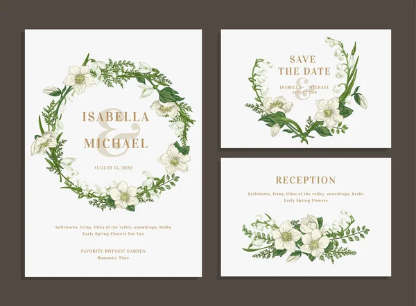 Ensemble Cartes Mariage Avec Une Couronne Verte Bouquet Invitation Enregistrer — Image vectorielle