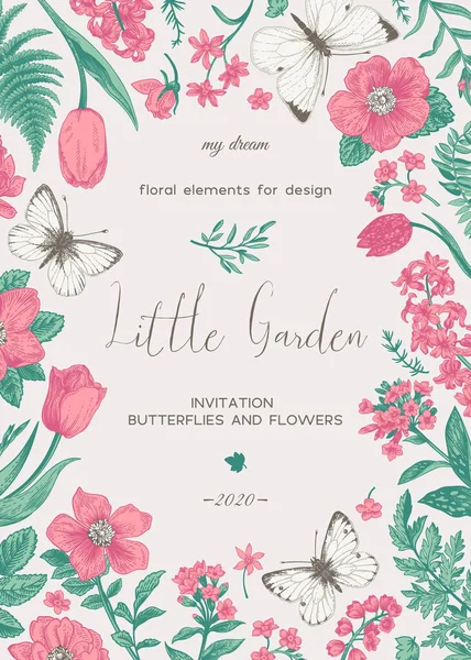 Μικρός Κήπος Floral Κάρτα Λουλούδια Και Πεταλούδες Διάνυσμα Βοτανική Απεικόνιση — Διανυσματικό Αρχείο