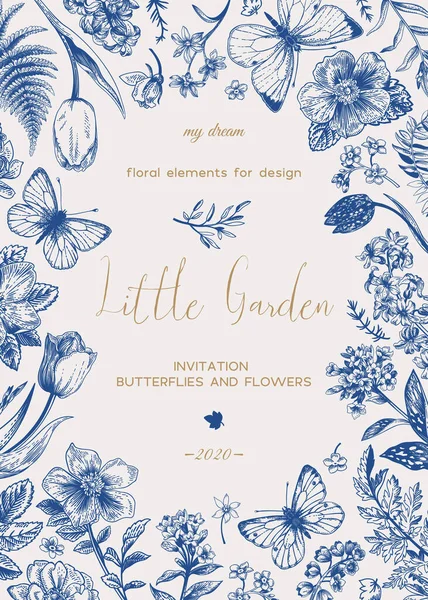 Malá Zahrada Květinová Karta Květinami Motýly Vektorová Botanická Ilustrace Blue — Stockový vektor