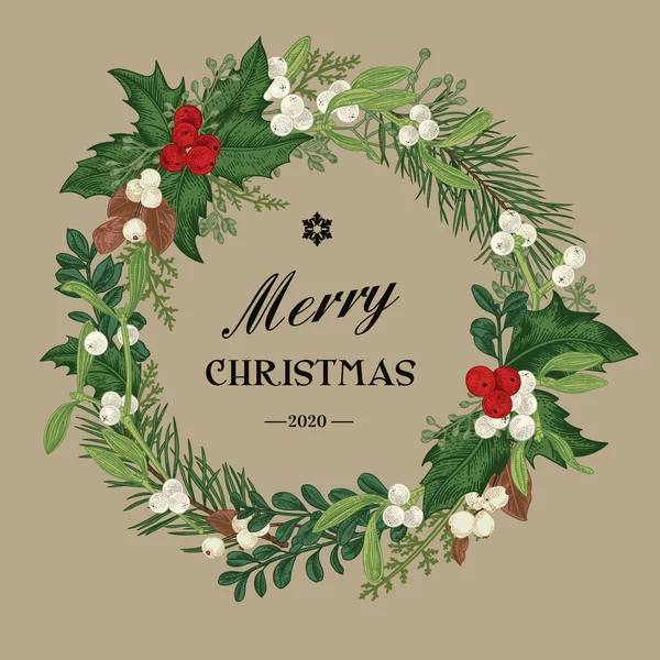 Corona Decorativa Navidad Con Bayas Rojas Blancas Invierno Ilustración Botánica — Vector de stock