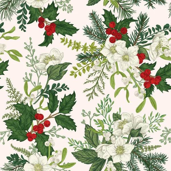 Julen Sömlös Mönster Med Vinter Blommor Vektor Botanisk Illustration Färgglada — Stock vektor