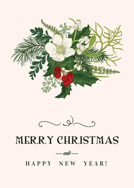 Karácsonyi Virágkártya Téli Csokor Hellebore Virággal Tűlevelűekkel Fehér Piros Bogyókkal — Stock Vector