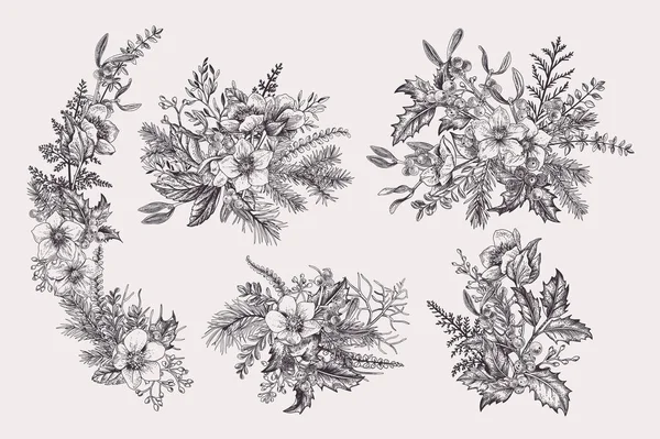 クリスマスの花束のセット 冬の植物 果実や花とヴィンテージ組成物 ベクトル植物図 黒と白 — ストックベクタ