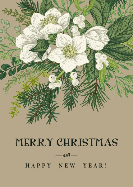Vintage Κάρτα Χαιρετισμού Χειμώνας Και Χριστούγεννα Φόντο Ένα Μπουκέτο Αειθαλή — Διανυσματικό Αρχείο