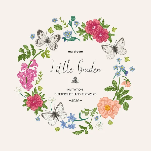 Πρόσκληση Γάμου Σχήμα Στεφάνου Ανοιξιάτικα Λουλούδια Και Πεταλούδες Μικρός Κήπος — Διανυσματικό Αρχείο