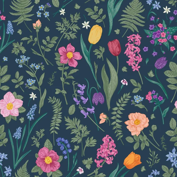暗い背景に小さな花とヴィンテージプリント ベクトルフラワーシームレスパターン 春と夏の庭と牧草地の植物 — ストックベクタ