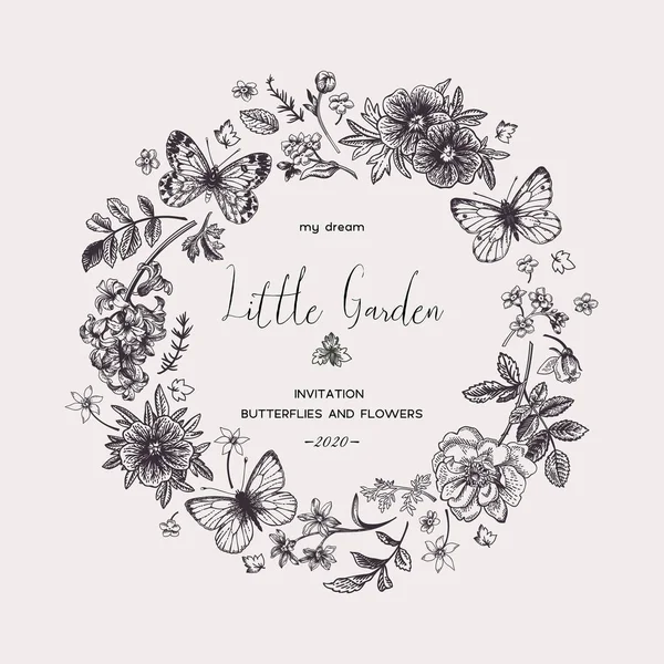 Little Garden Wreath Flowers Butterflies Modern Vector Botanical Illustration Black — Stock Vector