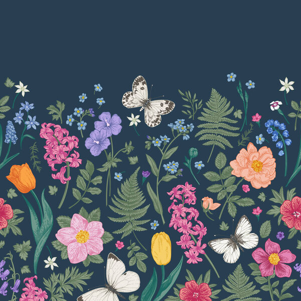 Seamless border with spring and summer flowers and butterflies whites. Floral pattern on a dark background. Colorful.