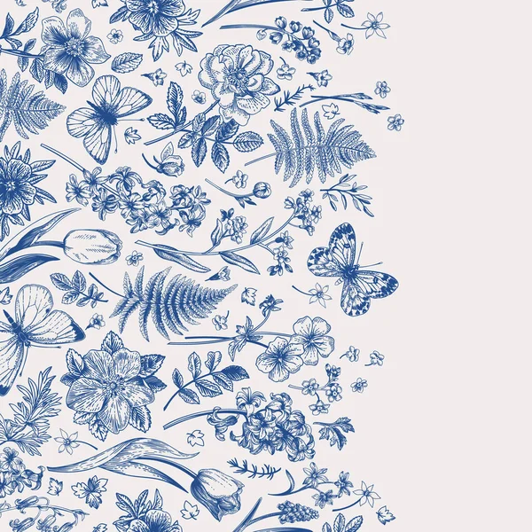 Modèle Sans Couture Vintage Avec Des Fleurs Printemps Des Papillons — Image vectorielle